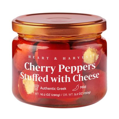 Heart and Harvest Mild Cherry Peppers Stuffed with Cheese - Sun-Ripened Sweet Peppers - Feta Cheese Delight - Gluten Free, Non-GMO - 10.2 oz