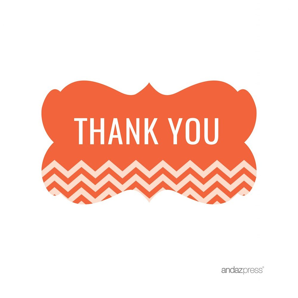 Andaz Fancy Frame Rectangular Gift Label Stickers, Chevron Style, Thank You, Tangerine Orange, 36-Pack
