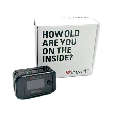 iHeart Internal Age Health Monitor, Fingertip Health and Fitness Tracker. Measure Biological Age, Pulse Wave Velocity, Aortic Stiffness, Sp02 and Heart Rate BPM with our iOS and Android App