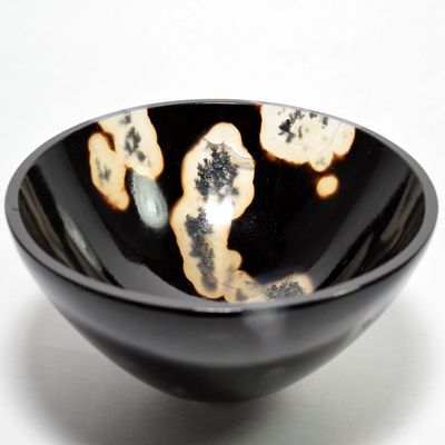 HC Set: 3.4" Black Brown Agate Bowl Stunning Natural Dendritic Crystal Hand Carved Mineral Stone Cup - India + One Polished Clear Quartz Cabochon