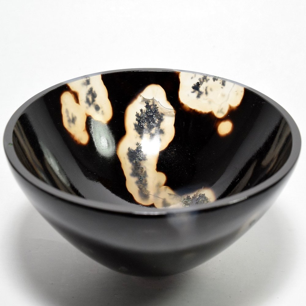 HC Set: 3.4" Black Brown Agate Bowl Stunning Natural Dendritic Crystal Hand Carved Mineral Stone Cup - India + One Polished Clear Quartz Cabochon