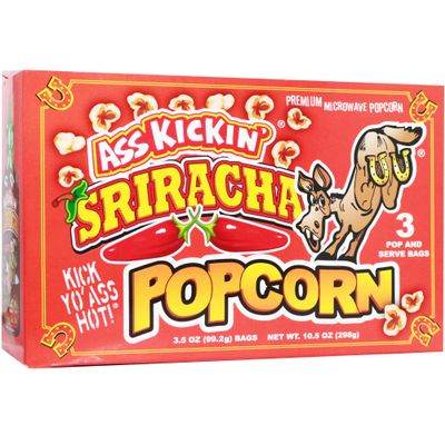 ASS KICKIN' Sriracha Microwave Popcorn Bags - 3 Pack - Ultimate Spicy Popcorn Gourmet Gift - Makes a Great Movie Theater Popcorn or Snack Food for Movie Night