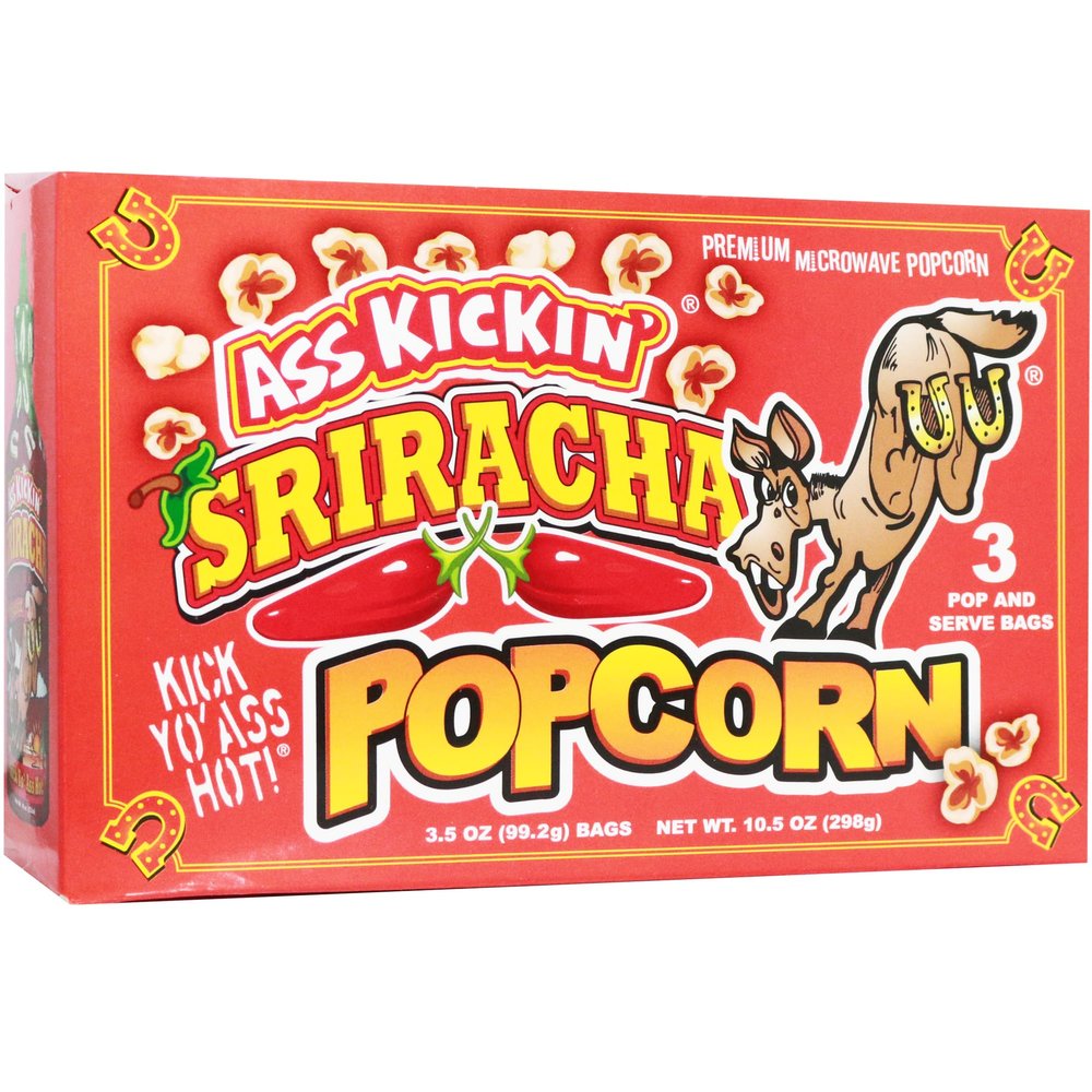 ASS KICKIN' Sriracha Microwave Popcorn Bags - 3 Pack - Ultimate Spicy Popcorn Gourmet Gift - Makes a Great Movie Theater Popcorn or Snack Food for Movie Night