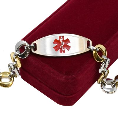 My Identity Doctor Medical Bracelet For Women With Free Engraving, Stainless Steel Personalized Medic ID Custom Sized, 1.5cm Gold Tone Chain Red Alert - Made in USA - WRIST SIZE 9 inch