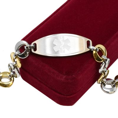 My Identity Doctor Medical Bracelet For Women With Free Engraving, Stainless Steel Personalized Medic ID Custom Sized, 1.5cm Gold Tone Chain White Alert - Made in USA - WRIST SIZE 9 inch