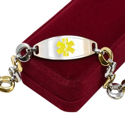 My Identity Doctor Medical Bracelet For Women With Free Engraving, Stainless Steel Personalized Medic ID Custom Sized, 1.5cm Gold Tone Chain Yellow Alert - Made in USA - WRIST SIZE 8.75 inch
