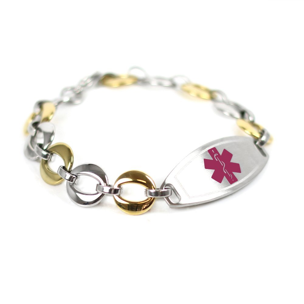 My Identity Doctor Medical Bracelet For Women With Free Engraving, Stainless Steel Personalized Medic ID Custom Sized, 1.5cm Gold Tone Chain Purple Alert - Made in USA - WRIST SIZE 9.25 inch