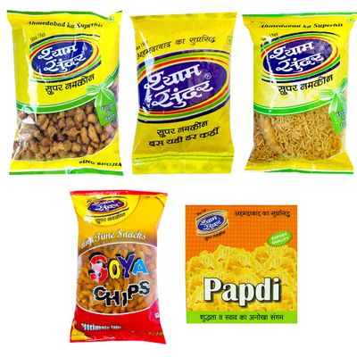 Shyam Sunder Sing Bhujiya, Soya Stick, Tikha Farali Chevda, Bikaneri Sev and Papdi Box, 1000 grams (Combo of 5)