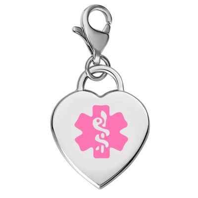 Divoti Deep Custom Laser Engraved Adorable Heart 316L Medical Alert Charm / Medical ID Charm w/ Lobster Clasp-Pink