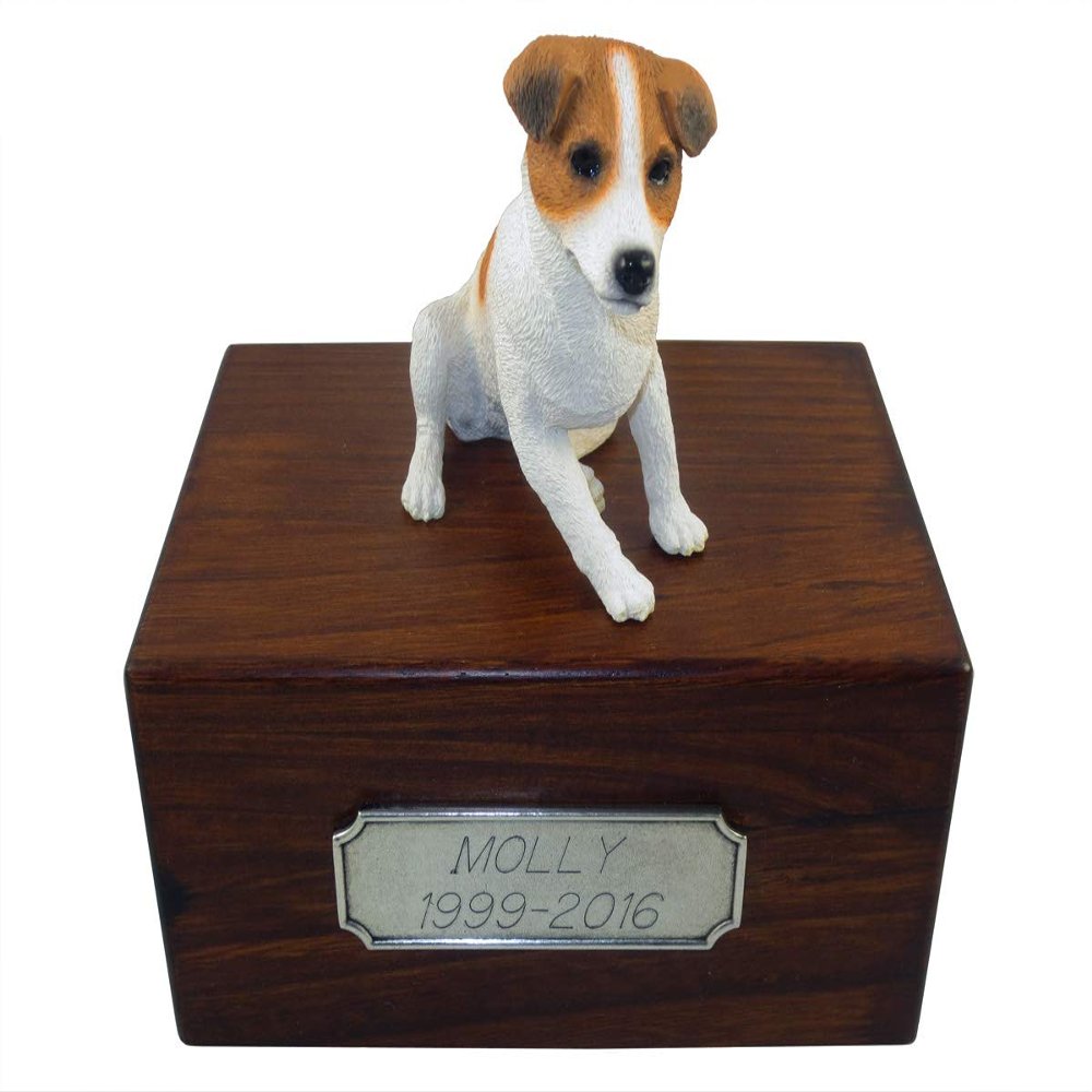 Conversation Concepts Beautiful Paulownia Small Wooden Urn with Smooth Coat Brown & White Jack Russell Figurine & Personalized Pewter Engraving