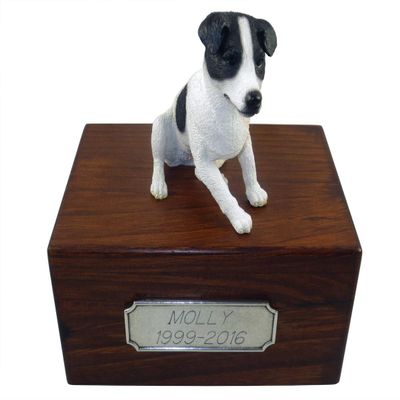 Conversation Concepts Beautiful Paulownia Small Wooden Urn with Smooth Coat Black & White Jack Russell Figurine & Personalized Pewter Engraving