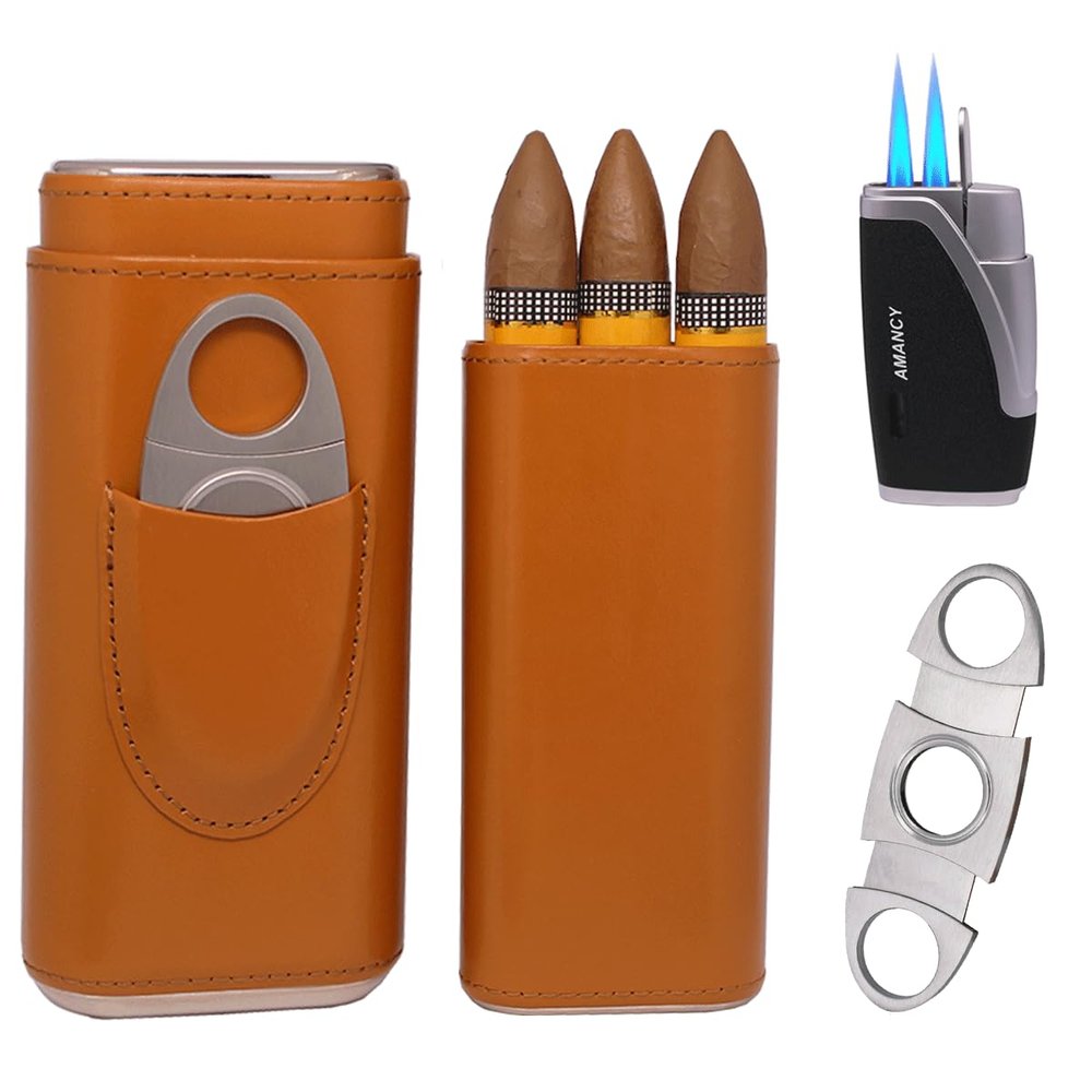 AMANCY Classy Cigar Case Kit with 3 Triple Jet Cigar Lighter and Cutter Great Gift Set
