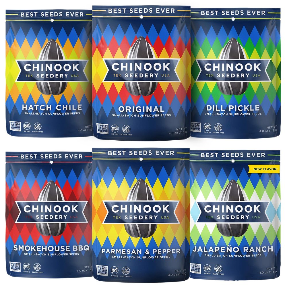 Chinook Seedery Flavored Sunflower Seeds Variety Pack of 6, 4oz Sunflower Seeds to Eat Keto, Low Sodium, Jumbo, Roasted, Baseball Snacks