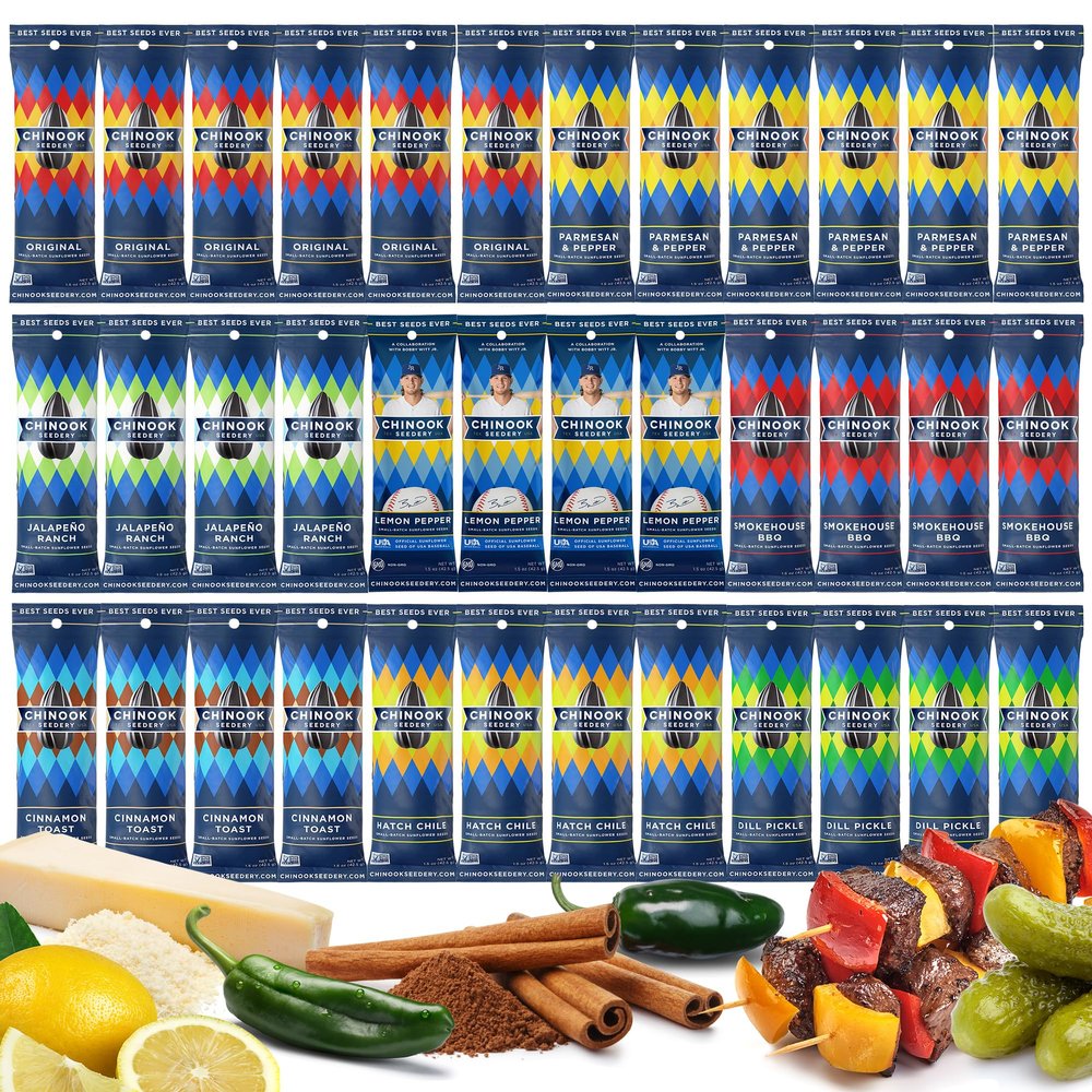 Chinook Seedery Low Sodium Sunflower Seeds Variety Pack of 36, 1.5oz  Sunflower Seeds to Eat  Keto, Flavored, Jumbo, Roasted, Baseball Snacks