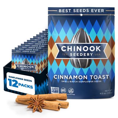 Chinook Seedery Sunflower Seeds to Eat  Jumbo, Flavored, Roasted, Low Sodium Snacks  Keto Friendly, Gluten-Free, Non-GMO  Cinnamon Toast Flavor 4 oz (12-Pack)