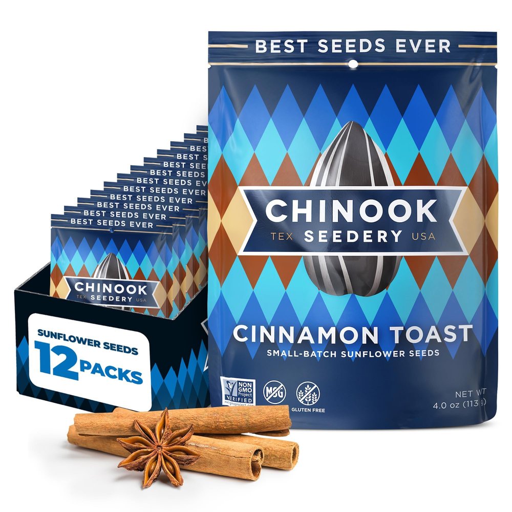 Chinook Seedery Sunflower Seeds to Eat  Jumbo, Flavored, Roasted, Low Sodium Snacks  Keto Friendly, Gluten-Free, Non-GMO  Cinnamon Toast Flavor 4 oz (12-Pack)