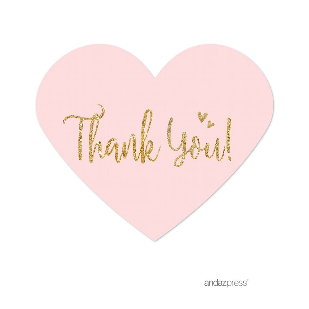 Andaz Press Blush Pink Gold Glitter Print Wedding Collection, Mini Heart Label Stickers, Thank You, 75-Pack