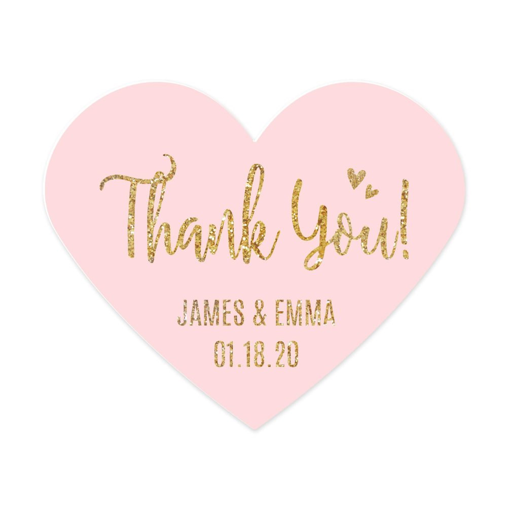 Andaz Press Blush Pink Gold Glitter Print Wedding Collection, Personalized Mini Heart Label Stickers, Thank You, 75-Pack, Custom Name
