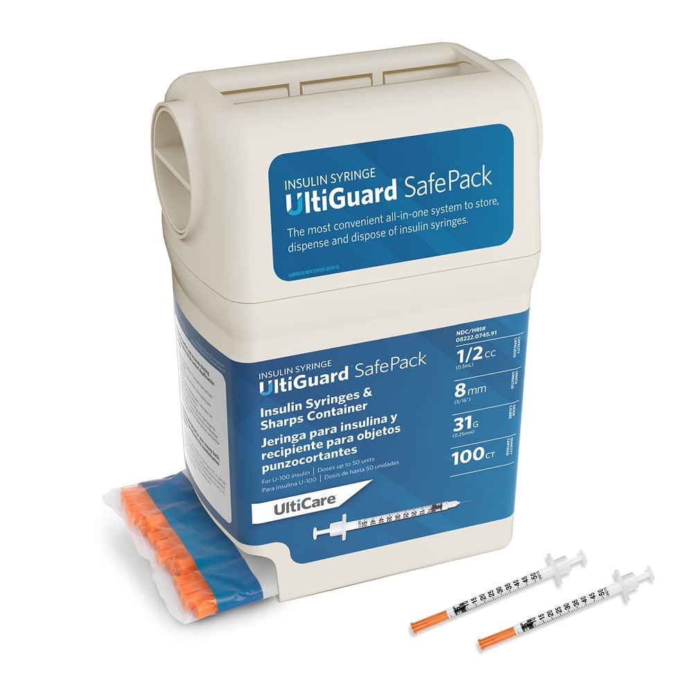All-In-One UltiGuard Safe Pack U-100 Insulin Syringes and Sharps Container for At-Home Insulin Injections and Safe Needle Disposal; Size: 1/2cc, 31G x 5/16 (8mm), 100 Count