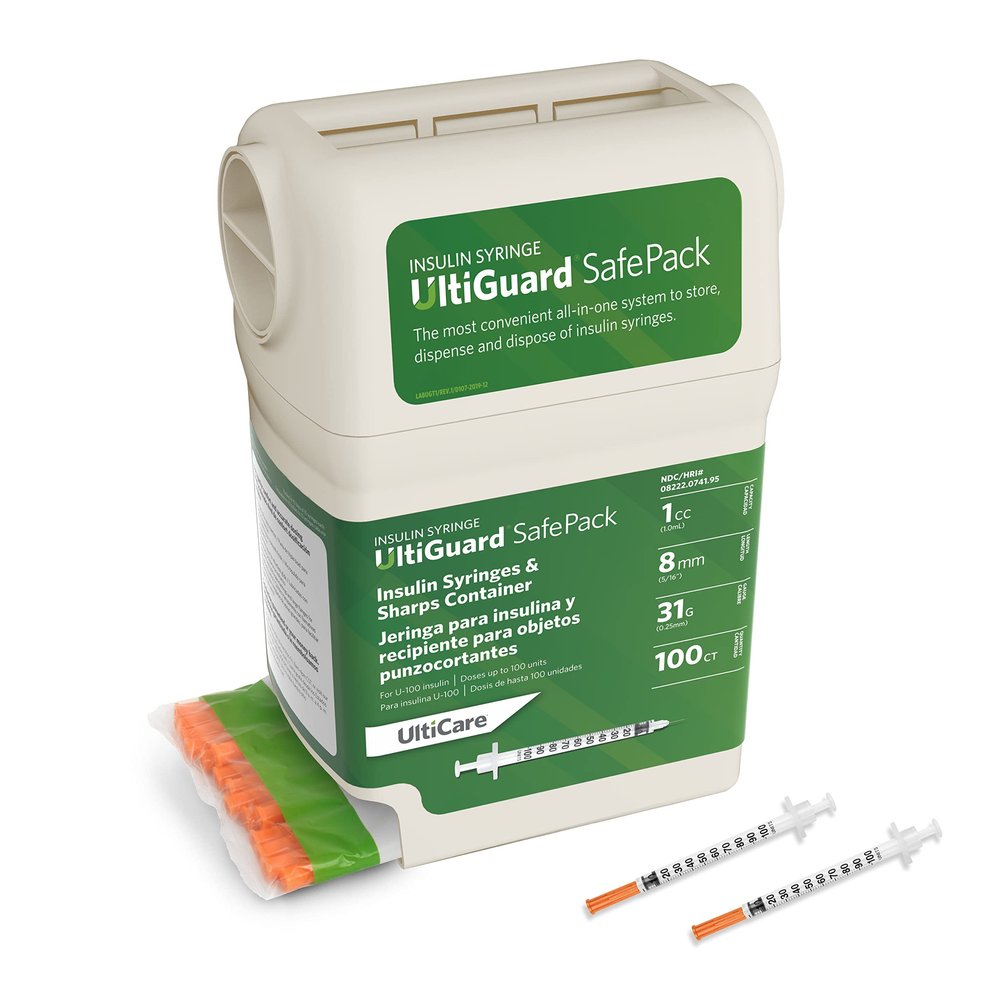 All-in-One UltiGuard Safe Pack U-100 Insulin Syringes and Sharps Container for at-Home Insulin Injections and Safe Needle Disposal; Size: 1cc, 31G x 5/16 (8mm), 100 Count
