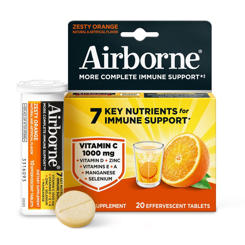 Airborne 1000mg Vitamin C With Zinc Effervescent Tablets, Immune Support Supplement With Powerful Antioxidants Vitamins A C & E - 20 Fizzy Drink Tablets, Zesty Orange Flavor