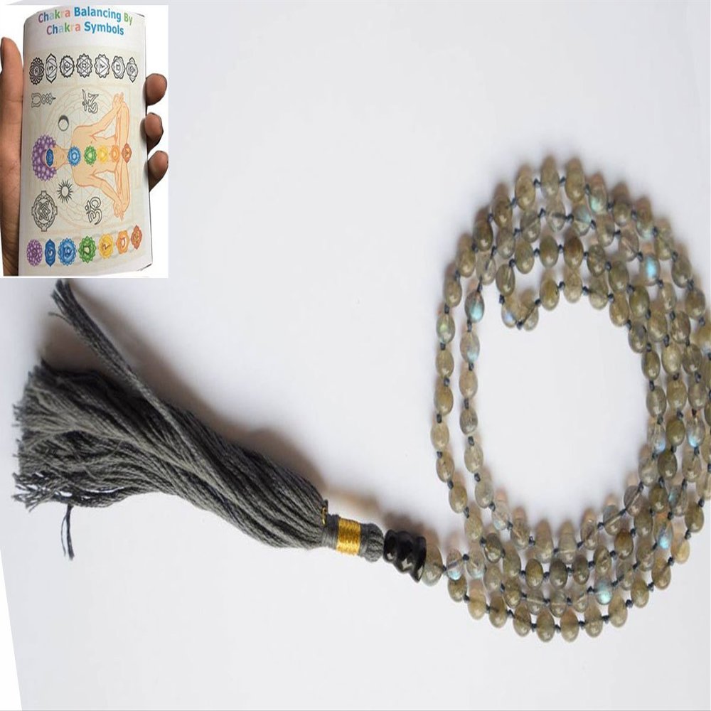 Free 20 Page Chakra Booklet Labradorite Hand-Knotted 6mm 108 + 1 Beads Mala A++++ Quality by V Jewels