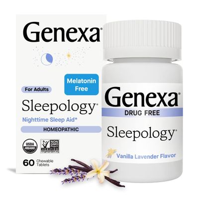 Genexa Sleepology for Adults | Melatonin Free Sleep Aid | Promotes Rest | Natural Vanilla & Lavender Flavor | Certified Organic & Non-GMO | Homeopathic Remedy Made Clean | 60 Chewable Tablets