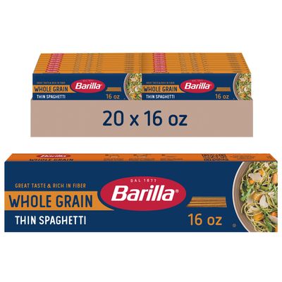 Barilla Whole Grain Thin Spaghetti Pasta, 16 oz. Box (Pack of 20) - Non-GMO, Made With 100% Whole Grain Durum Wheat - Great Source of Fiber