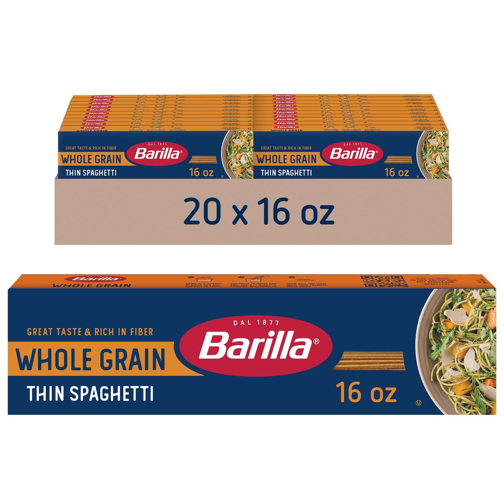 Barilla Whole Grain Thin Spaghetti Pasta, 16 oz. Box (Pack of 20) - Non-GMO, Made With 100% Whole Grain Durum Wheat - Great Source of Fiber