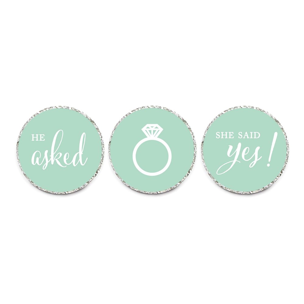 Andaz Press Chocolate Drop Labels Stickers, Wedding He Asked She Said Yes!, Mint Green, 216-Pack, for Bridal Shower Engagement Kisses Party Favors Decor