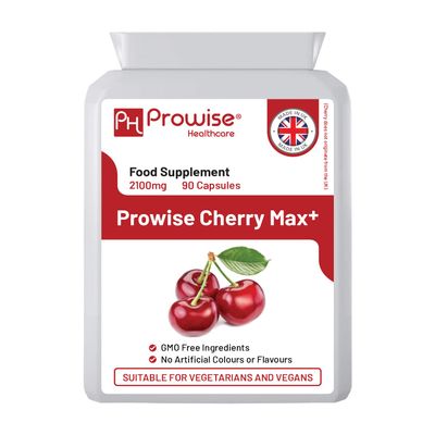 Cherry Max+ 2100mg Montmorency Cherry Added with Black Cherry I 90 Vegan Capsules High Strength I Made in The UK by Prowise Healthcare