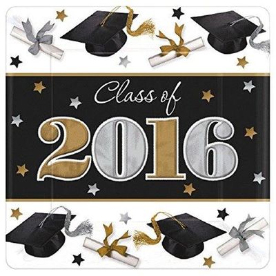 Amscan Festive Grad Class of 2016 Graduation Party Square Dessert Paper Plates (Pack of 18), Multicolor, 7"