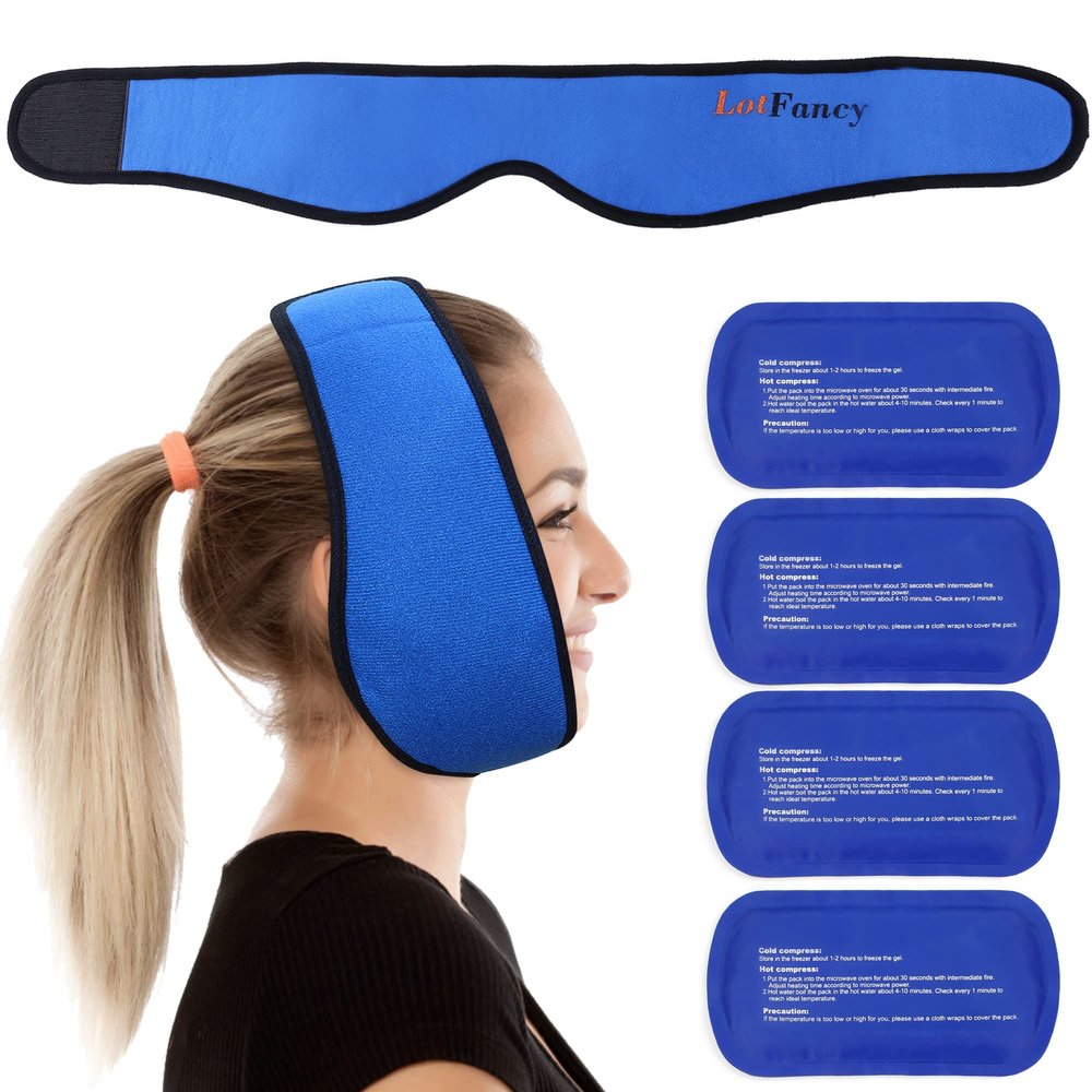 LotFancy Face Ice Pack Wrap for TMJ, Wisdom Teeth, with 4 Reusable Hot Cold Therapy Gel Packs, Pain Relief for Head, Oral and Facial Surgery, Dental Implants, Blue
