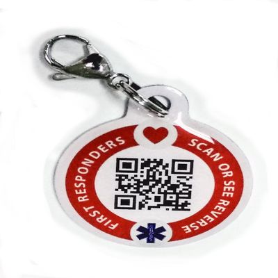 Dynotag Web Enabled Smart Medical ID/Emergency Information Round Steel Tag - 30 mm. Includes Lobster Clasp, with DynoIQ & Lifetime Service.