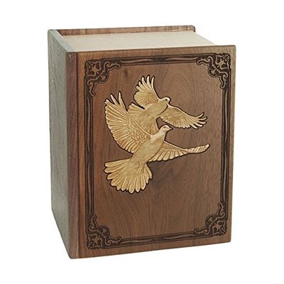Wood Cremation Urn - Walnut Book with Doves Companion