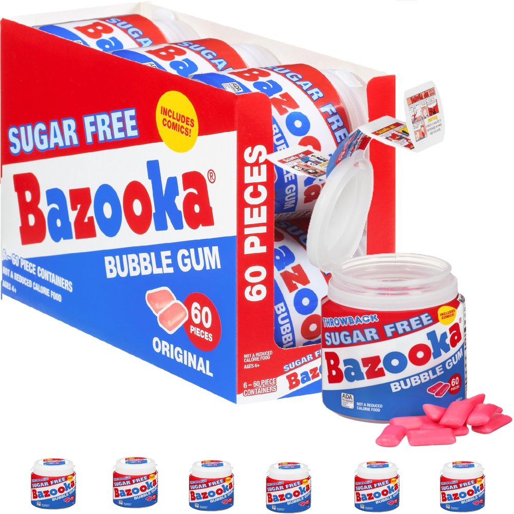Bazooka Sugar Free Easter Bubble Gum - 60 Count To Go Cup (Pack Of 6) For Easter Basket Stuffers - Pink Chewing Gum Easter Candy In Original Sugarless Flavor - Easter Decorations For Easter Egg Hunts
