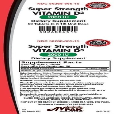 Avpak Vitamin D3 (Cholecalciferol) Strength 2000IU, 50 Count