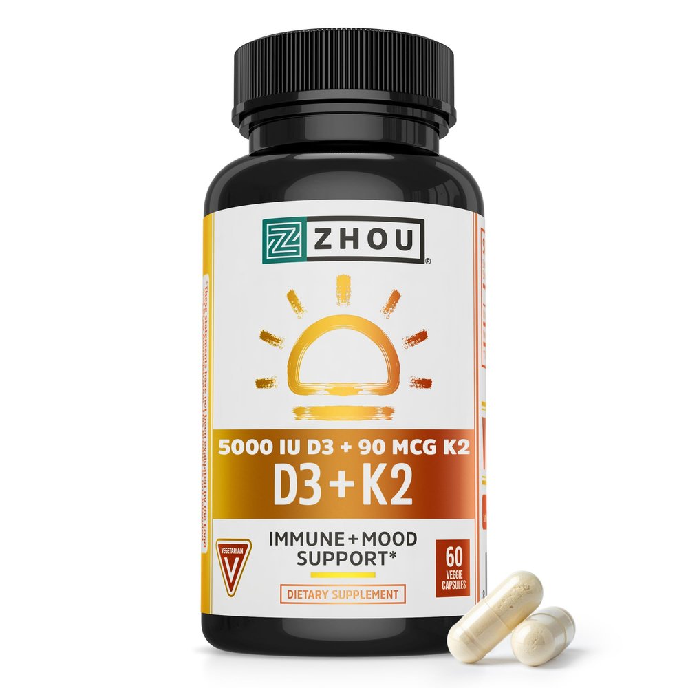 Zhou D3+K2 - Vitamin D3 K2 Supplement for Women & Men, Immune Support Vit D3 and K2 Supplements, Pure Vegetarian Formula with 5000 IU of D3 and MK-7 - 60 Veggie Capsules (Pack of 1)