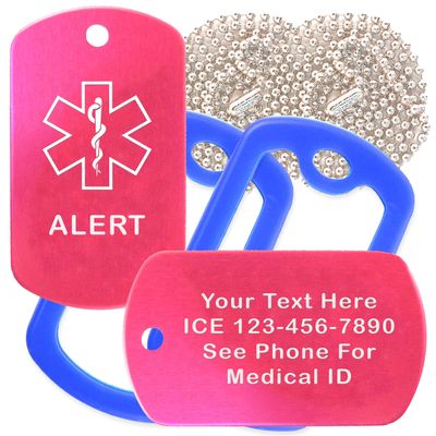 Custom 2 Pack - Alert Medical Alert ID Necklaces with Pink Hot Custom Tags, Blue Silencers, and 30'' USA Chains
