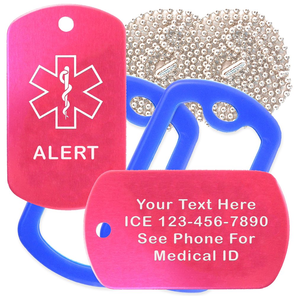 Custom 2 Pack - Alert Medical Alert ID Necklaces with Pink Hot Custom Tags, Blue Silencers, and 30'' USA Chains