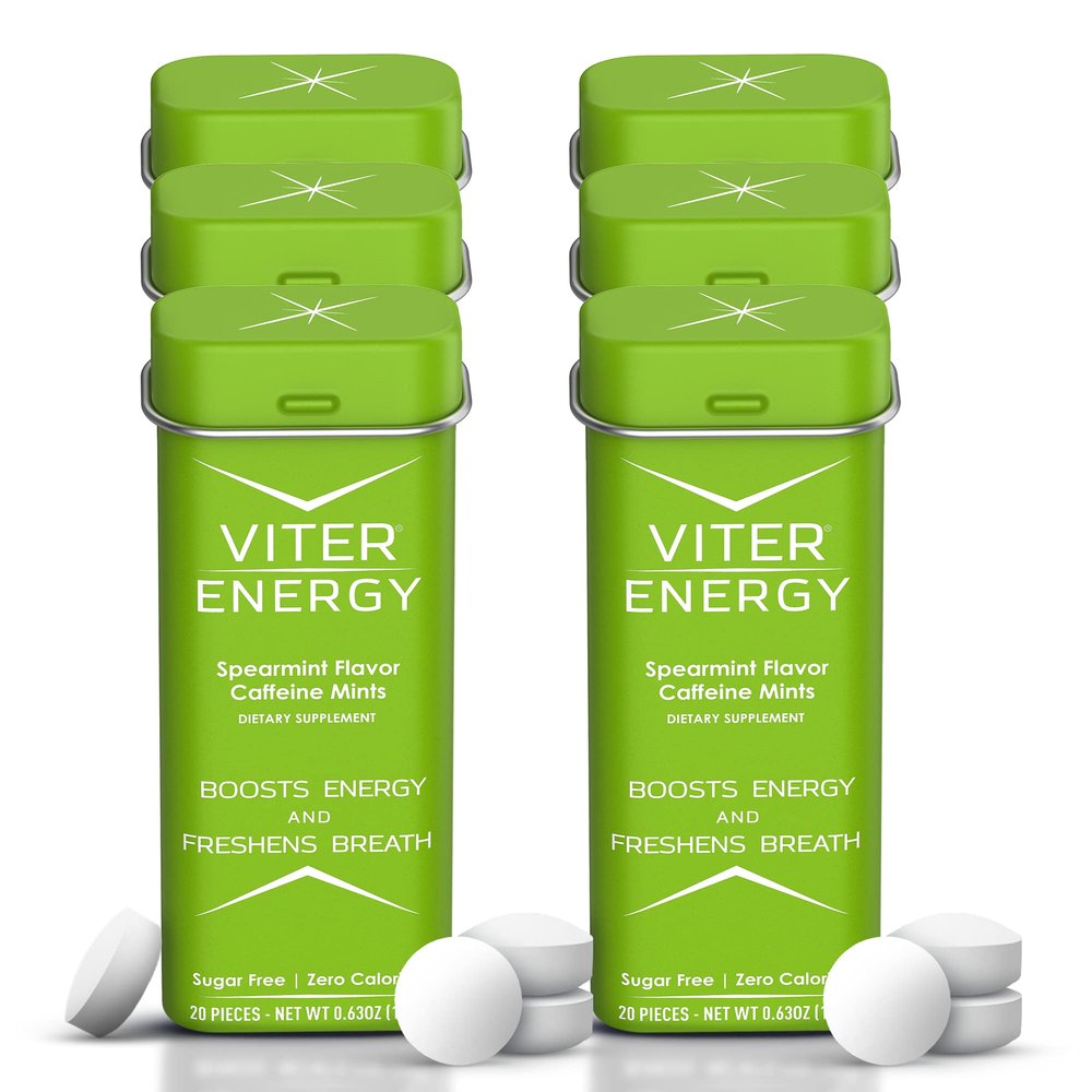 Viter Energy 40mg Caffeine Mints - Sugar Free, B Vitamins, Vegan, Boosts Fast Energized Alert Focus, Caffeinated Nootropic Supplement Pills (Spearmint Flavor, 20pcs, 6 Pack, 120pcs Total)