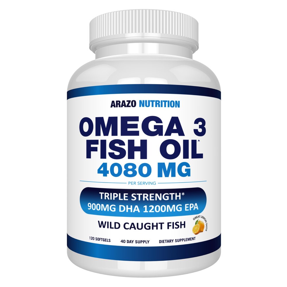 Arazo Nutrition Wild Caught Omega-3 Fish Oil Concentrate  4,080mg per Serving  High EPA 1200mg & DHA 900mg  120 Burpless Lemon Softgels