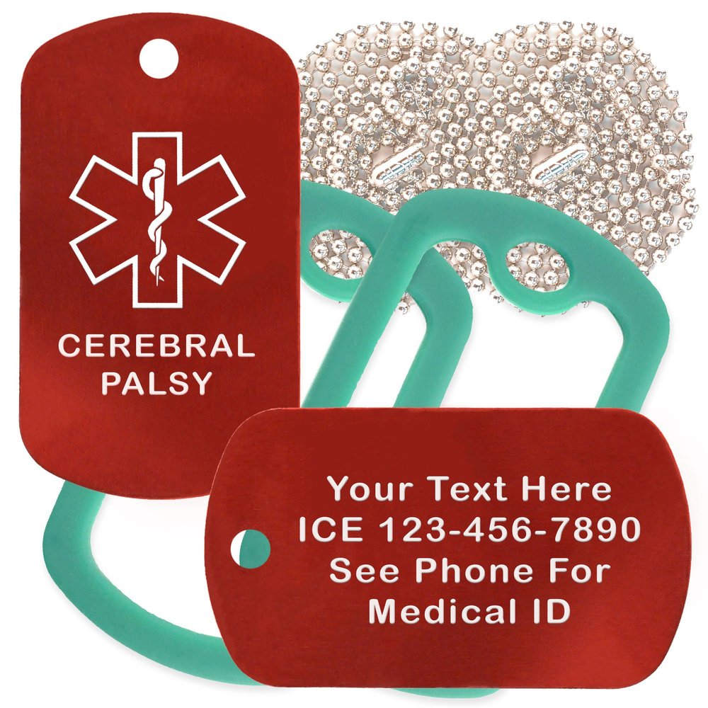 Custom 2 Pack - Cerebral Palsy Medical Alert ID Necklaces with Red Custom Tags, Green Dark Silencers, and 30'' USA Chains