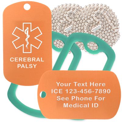 Custom 2 Pack - Cerebral Palsy Medical Alert ID Necklaces with Copper Custom Tags, Green Dark Silencers, and 30'' USA Chains