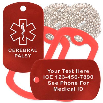 Custom 2 Pack - Cerebral Palsy Medical Alert ID Necklaces with Red Custom Tags, Red Silencers, and 30'' USA Chains