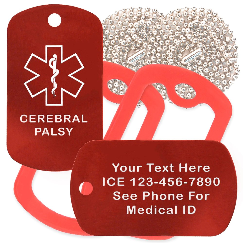 Custom 2 Pack - Cerebral Palsy Medical Alert ID Necklaces with Red Custom Tags, Red Silencers, and 30'' USA Chains