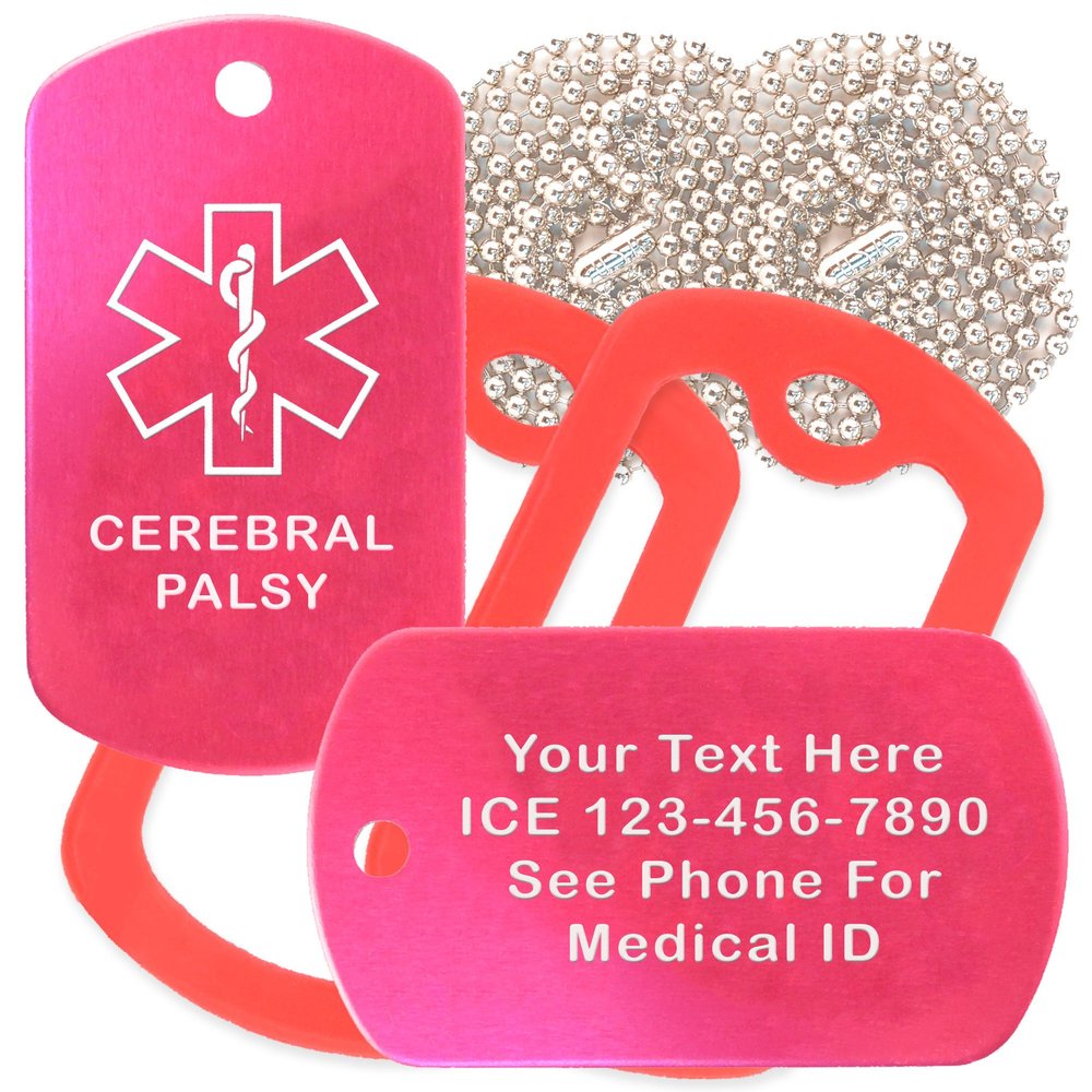 Custom 2 Pack - Cerebral Palsy Medical Alert ID Necklaces with Pink Hot Custom Tags, Red Silencers, and 30'' USA Chains