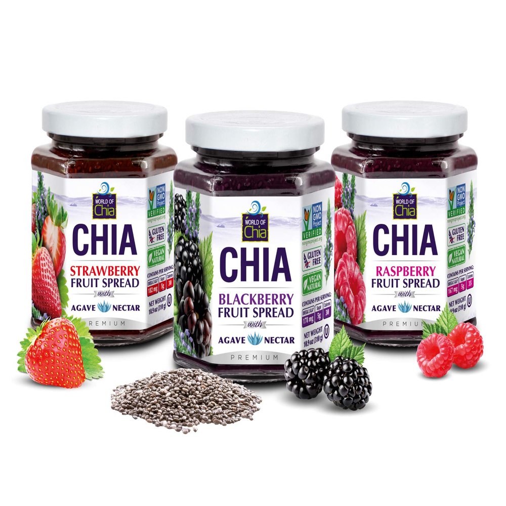 World of Chia Premium Chia Seeds Jam Variety Pack - Strawberry, Raspberry & Blackberry Jams and Preserves - All Natural, Plant Based Chia Jam, Gluten Free, Omega 3, Made in USA, Non GMO, Organic Ingredients, Additive Free, Low Sugar and Low Glycemic,