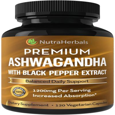 NUTRAHERBALS Ashwagandha Supplement Made with Premium Ashwaganda Root Powder 1200mg with Black Pepper Extract for Increased Absorption - 120 Vegi Capsules