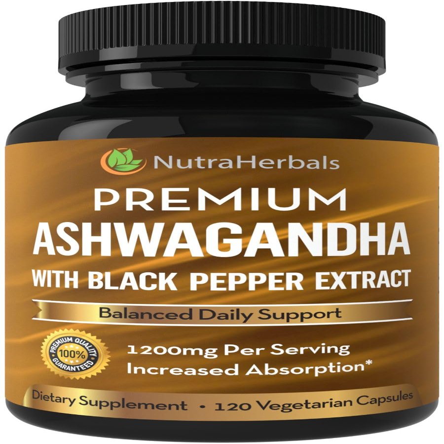 NUTRAHERBALS Ashwagandha Supplement Made with Premium Ashwaganda Root Powder 1200mg with Black Pepper Extract for Increased Absorption - 120 Vegi Capsules